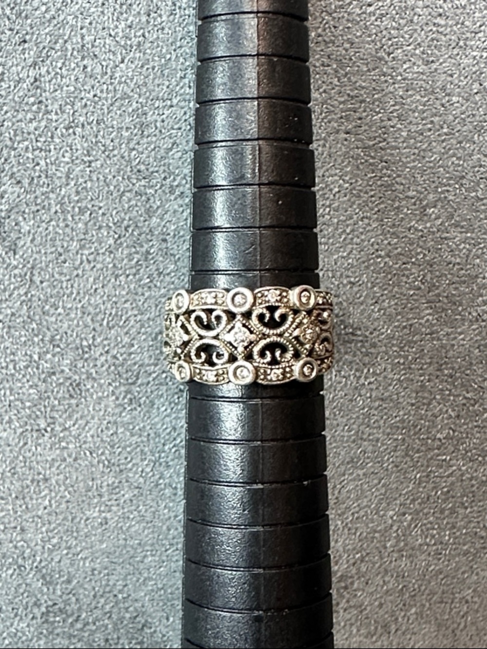 Sterling Silver Filigree Wide Band Ring with Diamond Accents